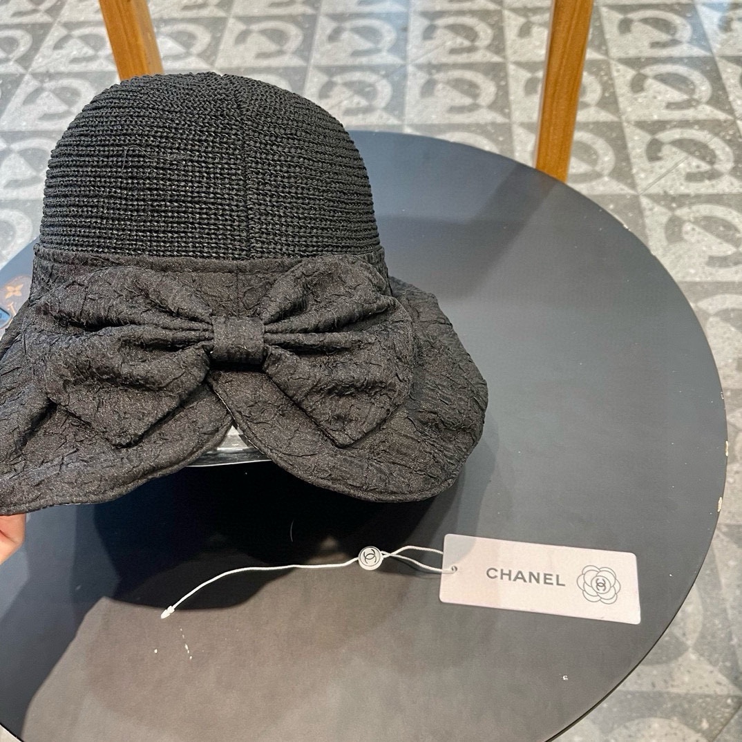  Chanel夏季新款针织头透气遮阳大沿蝴蝶结盆帽女士出行防晒渔夫帽子批
