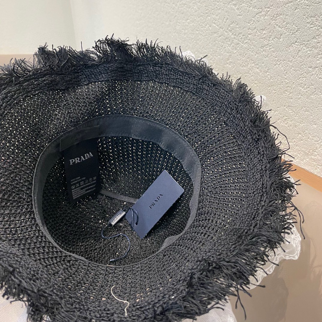  普拉达Prada珍珠蕾丝花边草帽女夏季海边大帽檐出游海边沙滩防晒遮阳太阳帽子