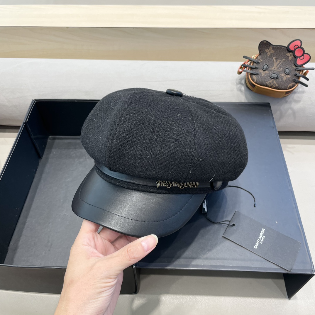 圣罗兰PU皮檐画家帽名媛风立体帽型八角帽日系复古贝雷帽毛呢报童帽秋冬