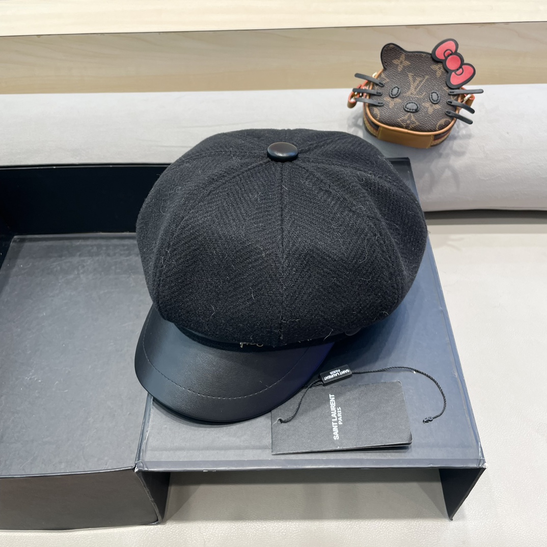 圣罗兰PU皮檐画家帽名媛风立体帽型八角帽日系复古贝雷帽毛呢报童帽秋冬