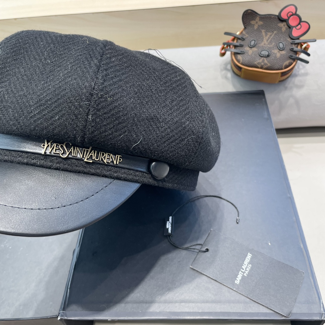 圣罗兰PU皮檐画家帽名媛风立体帽型八角帽日系复古贝雷帽毛呢报童帽秋冬