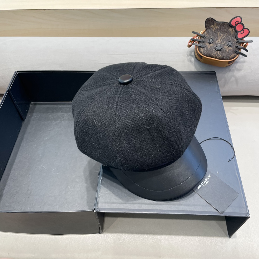 圣罗兰PU皮檐画家帽名媛风立体帽型八角帽日系复古贝雷帽毛呢报童帽秋冬