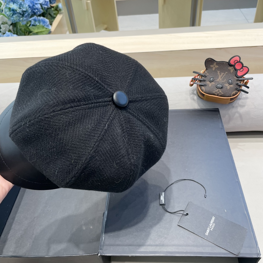 圣罗兰PU皮檐画家帽名媛风立体帽型八角帽日系复古贝雷帽毛呢报童帽秋冬