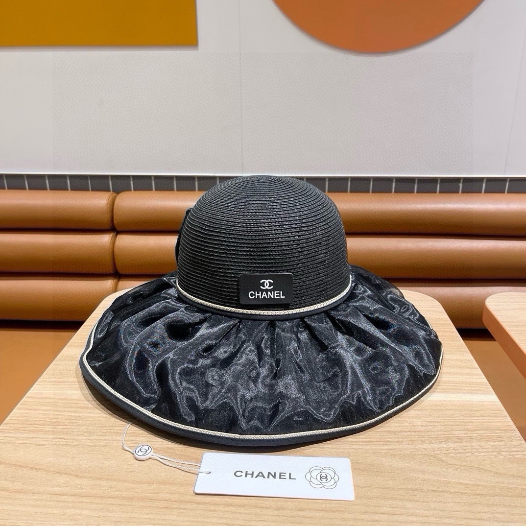  Chanel香奈儿夏季透气防晒渔夫帽女士防紫外线遮脸帽子蝴蝶结大檐显脸小遮阳帽