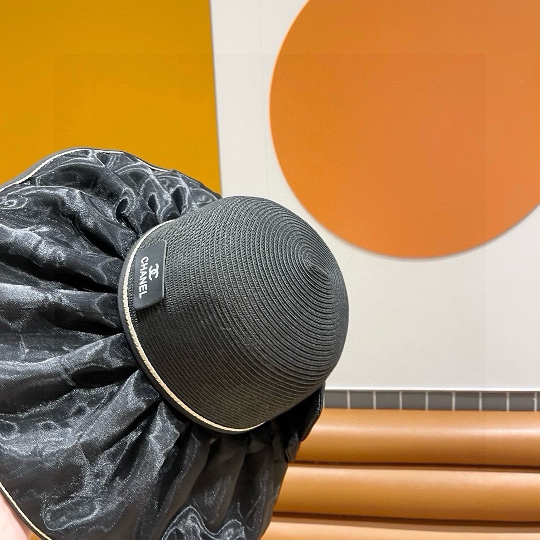  Chanel香奈儿夏季透气防晒渔夫帽女士防紫外线遮脸帽子蝴蝶结大檐显脸小遮阳帽