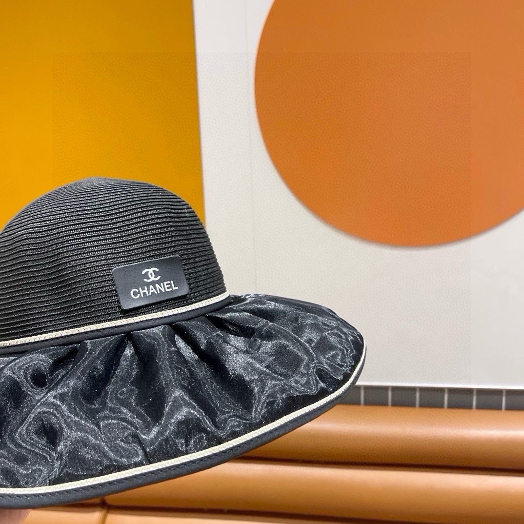  Chanel香奈儿夏季透气防晒渔夫帽女士防紫外线遮脸帽子蝴蝶结大檐显脸小遮阳帽