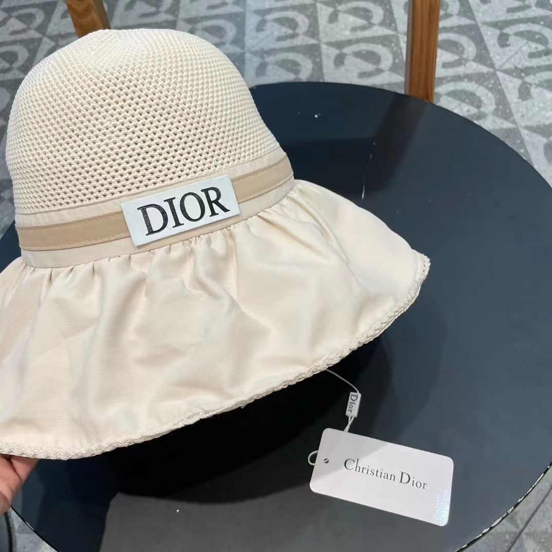 迪奥Dior女蝴蝶结大檐布帽针织布沿遮阳高级感渔夫帽防晒沙滩盆帽潮帽子