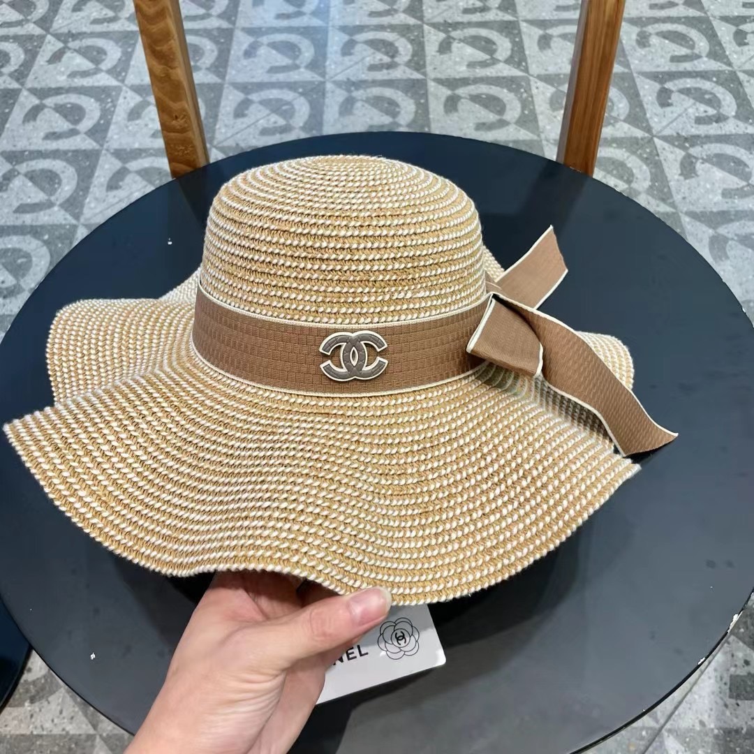 香奈儿Chanel新款荷叶边珍珠款大沿礼帽盆帽草帽，出街必备超好搭配，有调节绳