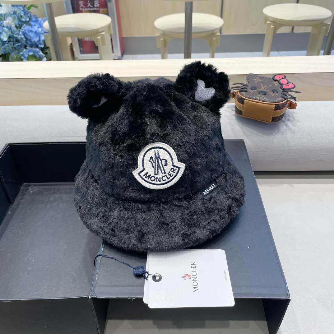 moncler爱心毛绒渔夫帽女秋冬保暖百搭耳朵盆帽加绒加厚百搭仿小兔毛韩版