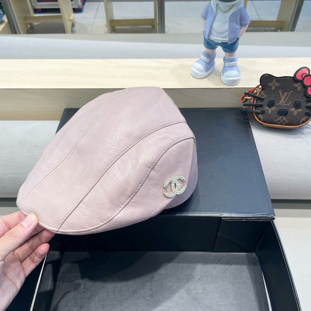  Chanel小香风Pu皮前进帽女秋季2025新款英伦报童帽复古百搭贝雷帽显脸小