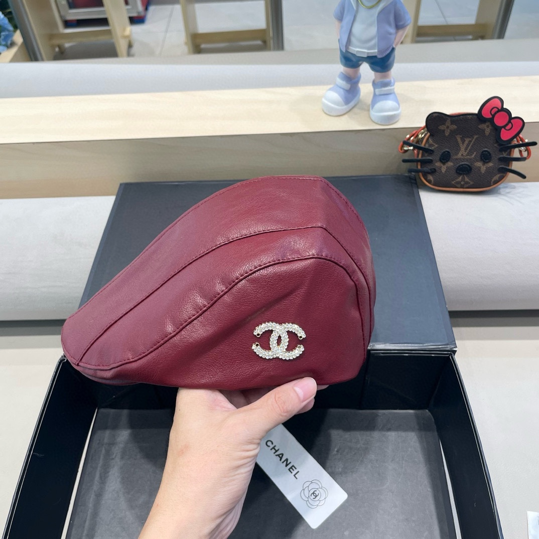  Chanel小香风Pu皮前进帽女秋季2025新款英伦报童帽复古百搭贝雷帽显脸小