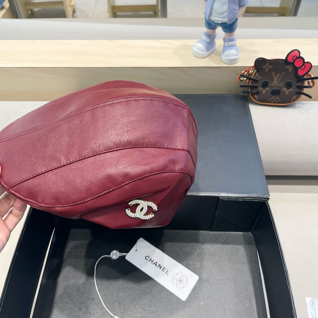  Chanel小香风Pu皮前进帽女秋季2025新款英伦报童帽复古百搭贝雷帽显脸小