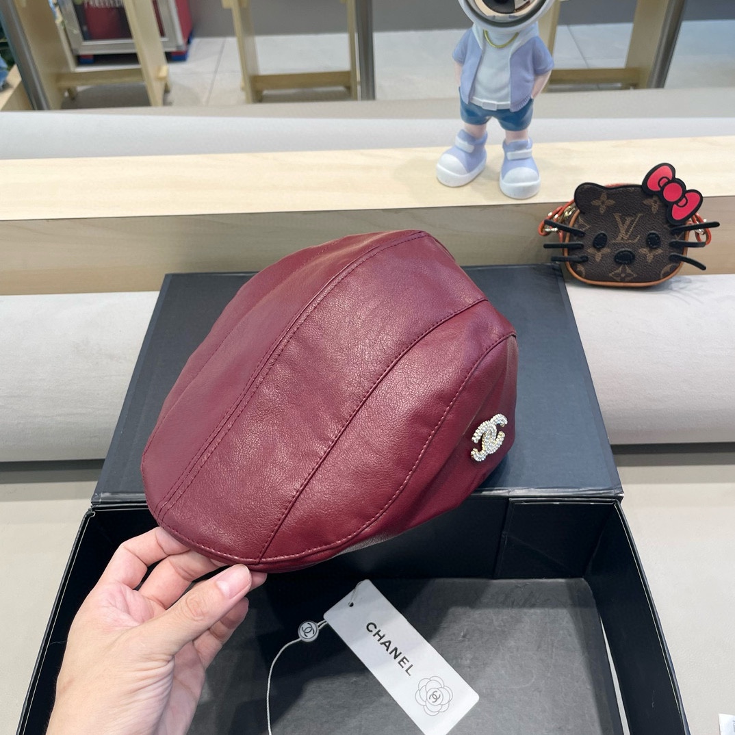  Chanel小香风Pu皮前进帽女秋季2025新款英伦报童帽复古百搭贝雷帽显脸小