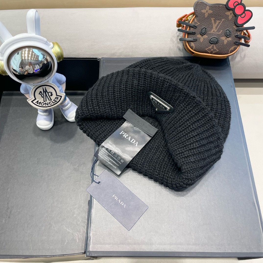 。Prada普拉达日系甜美针织渔夫帽女秋冬保暖韩系博主同款毛线帽显脸小