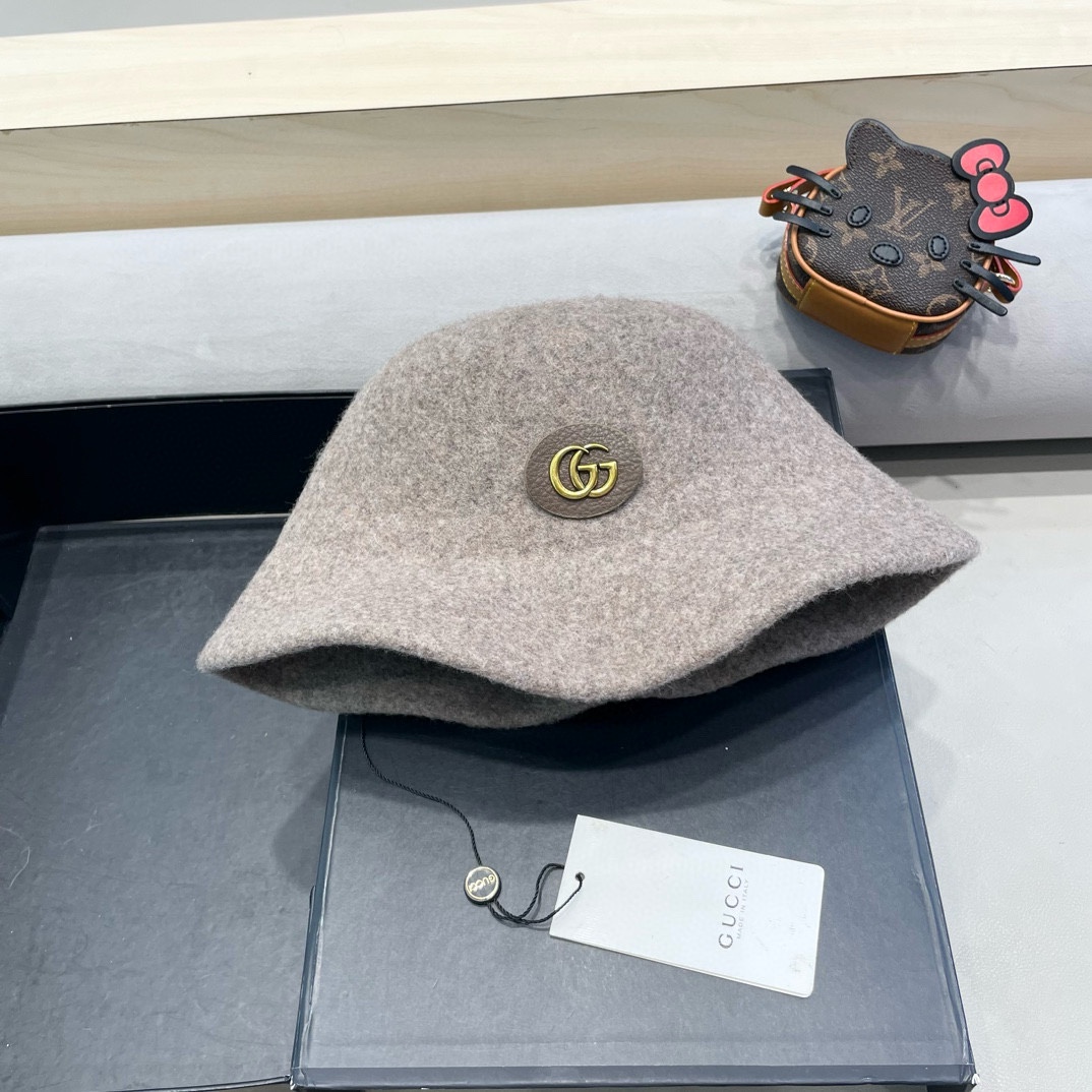  gucci羊毛呢渔夫帽女秋冬显脸小大头围复古时尚赫本法式小香风礼帽盆帽