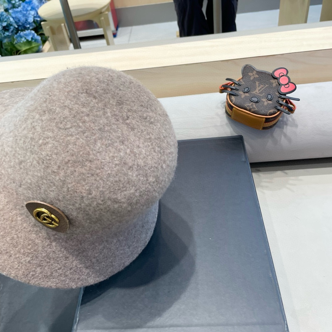  gucci羊毛呢渔夫帽女秋冬显脸小大头围复古时尚赫本法式小香风礼帽盆帽