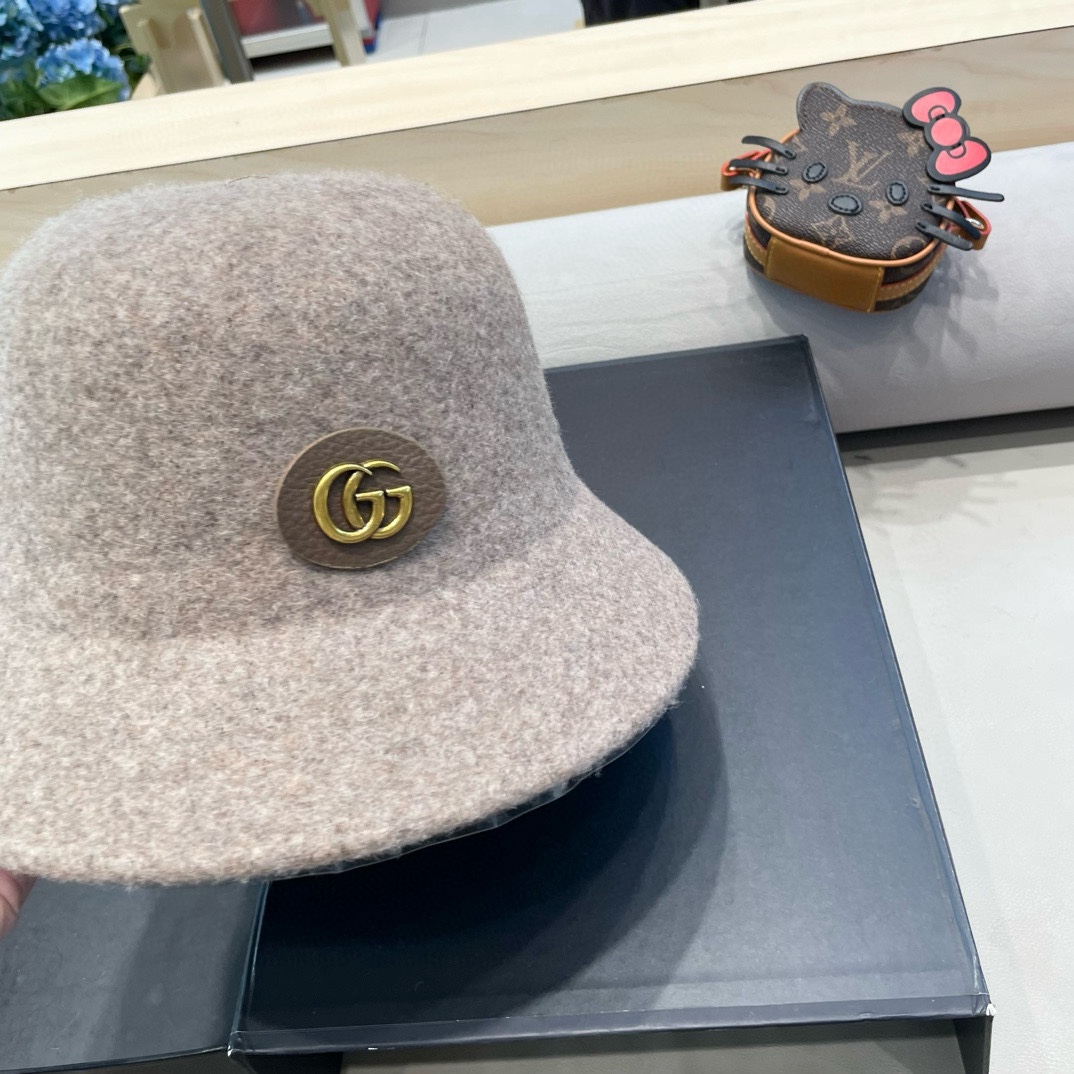  gucci羊毛呢渔夫帽女秋冬显脸小大头围复古时尚赫本法式小香风礼帽盆帽