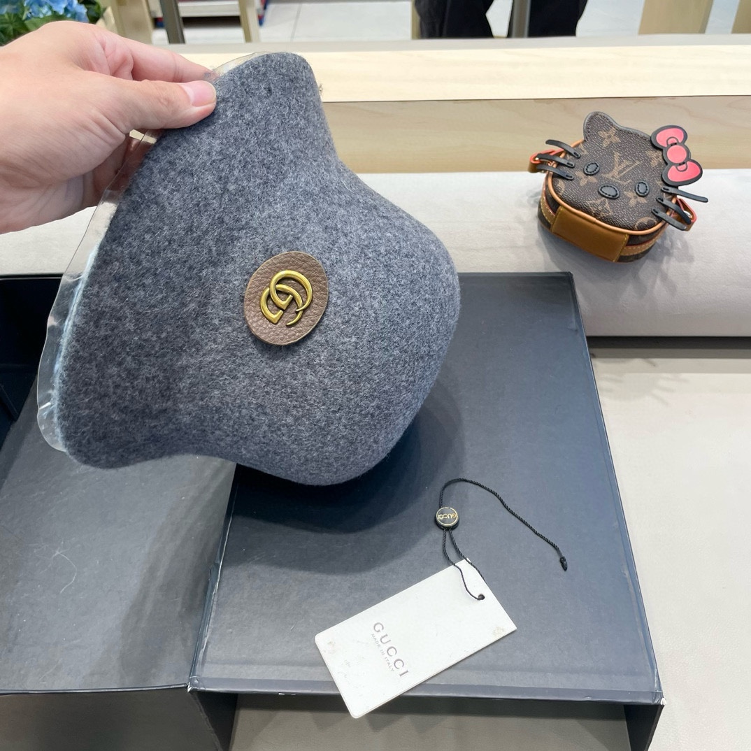  gucci羊毛呢渔夫帽女秋冬显脸小大头围复古时尚赫本法式小香风礼帽盆帽