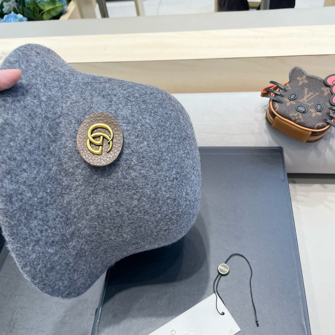  gucci羊毛呢渔夫帽女秋冬显脸小大头围复古时尚赫本法式小香风礼帽盆帽
