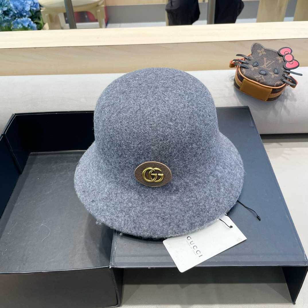 gucci羊毛呢渔夫帽女秋冬显脸小大头围复古时尚赫本法式小香风礼帽盆帽