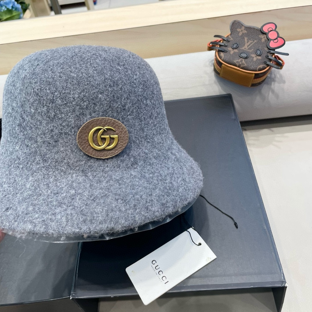  gucci羊毛呢渔夫帽女秋冬显脸小大头围复古时尚赫本法式小香风礼帽盆帽