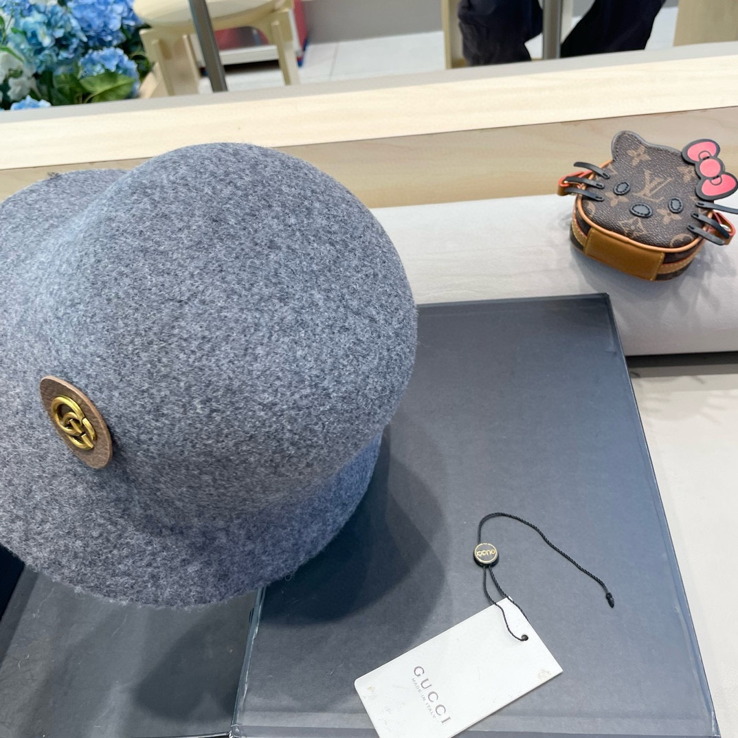  gucci羊毛呢渔夫帽女秋冬显脸小大头围复古时尚赫本法式小香风礼帽盆帽