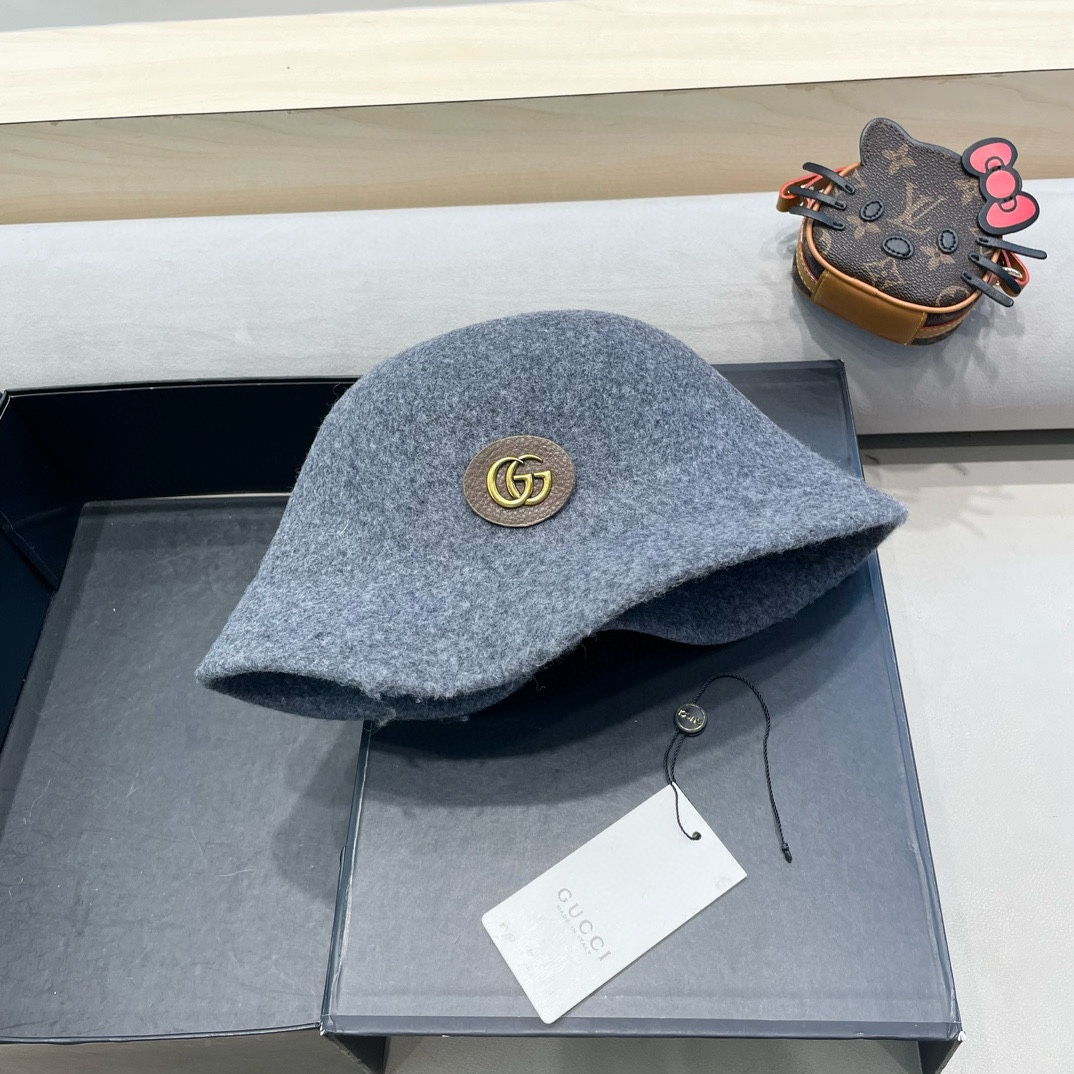  gucci羊毛呢渔夫帽女秋冬显脸小大头围复古时尚赫本法式小香风礼帽盆帽