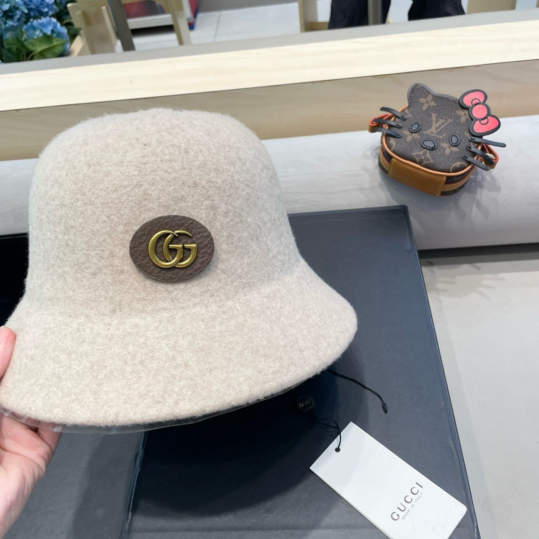  gucci羊毛呢渔夫帽女秋冬显脸小大头围复古时尚赫本法式小香风礼帽盆帽