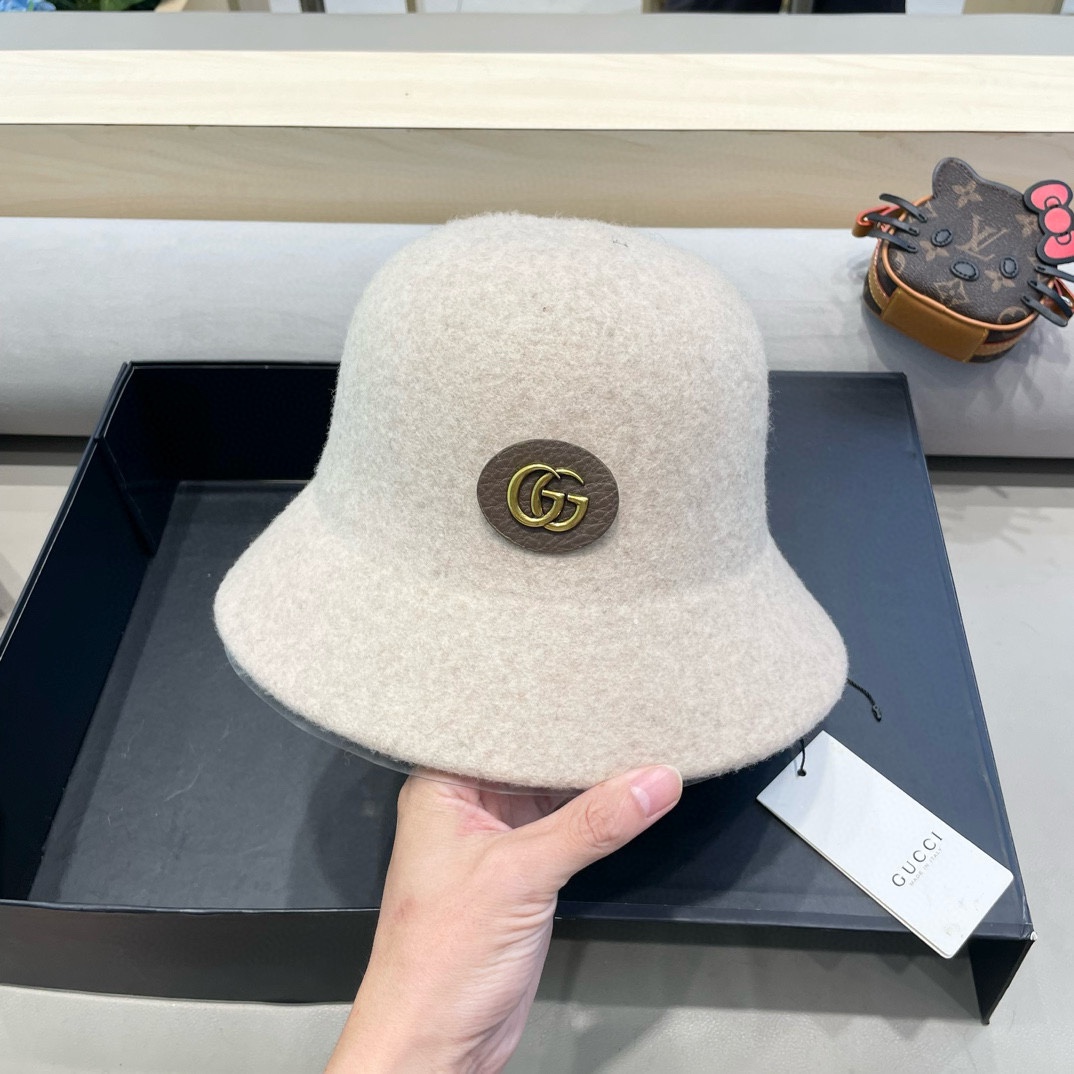  gucci羊毛呢渔夫帽女秋冬显脸小大头围复古时尚赫本法式小香风礼帽盆帽