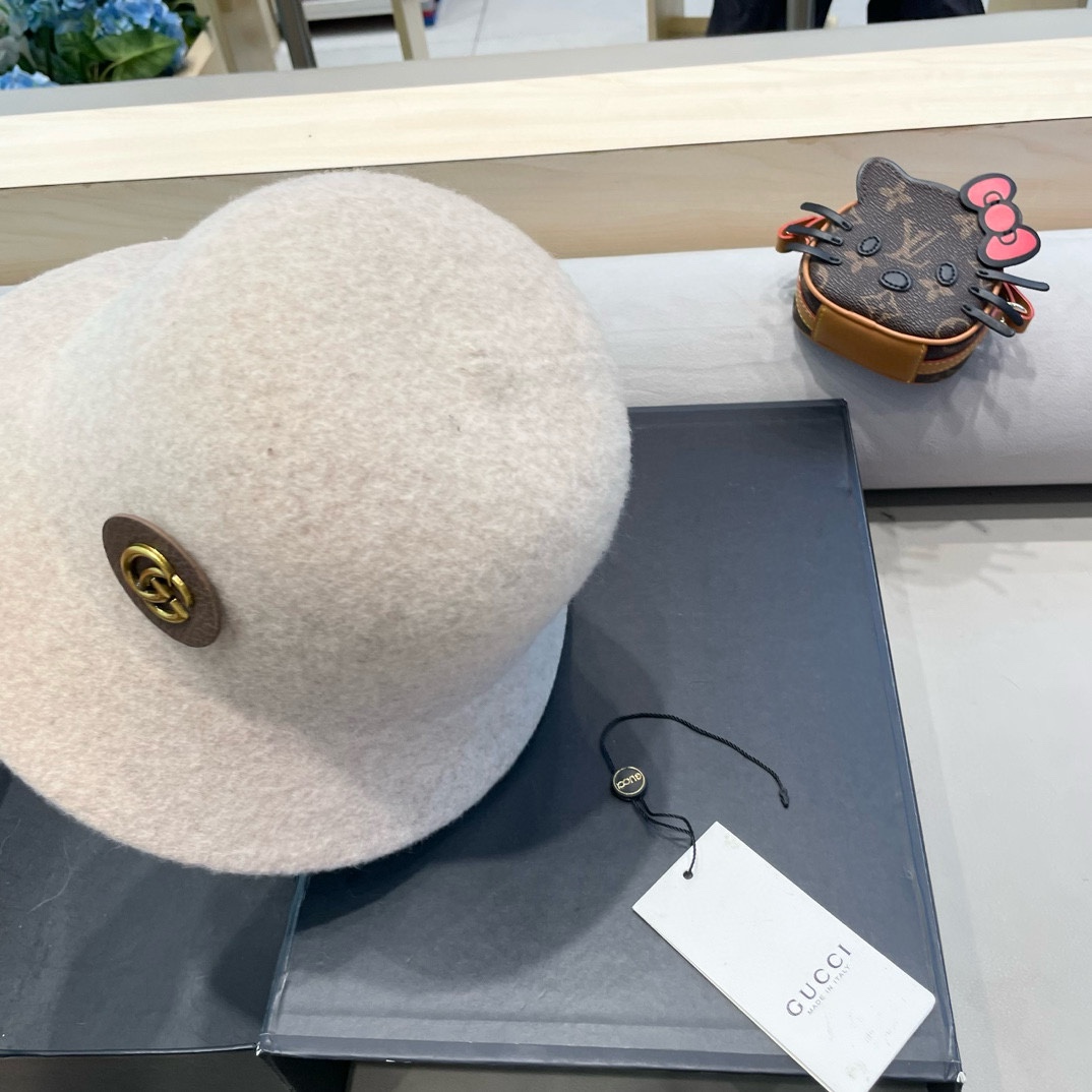  gucci羊毛呢渔夫帽女秋冬显脸小大头围复古时尚赫本法式小香风礼帽盆帽