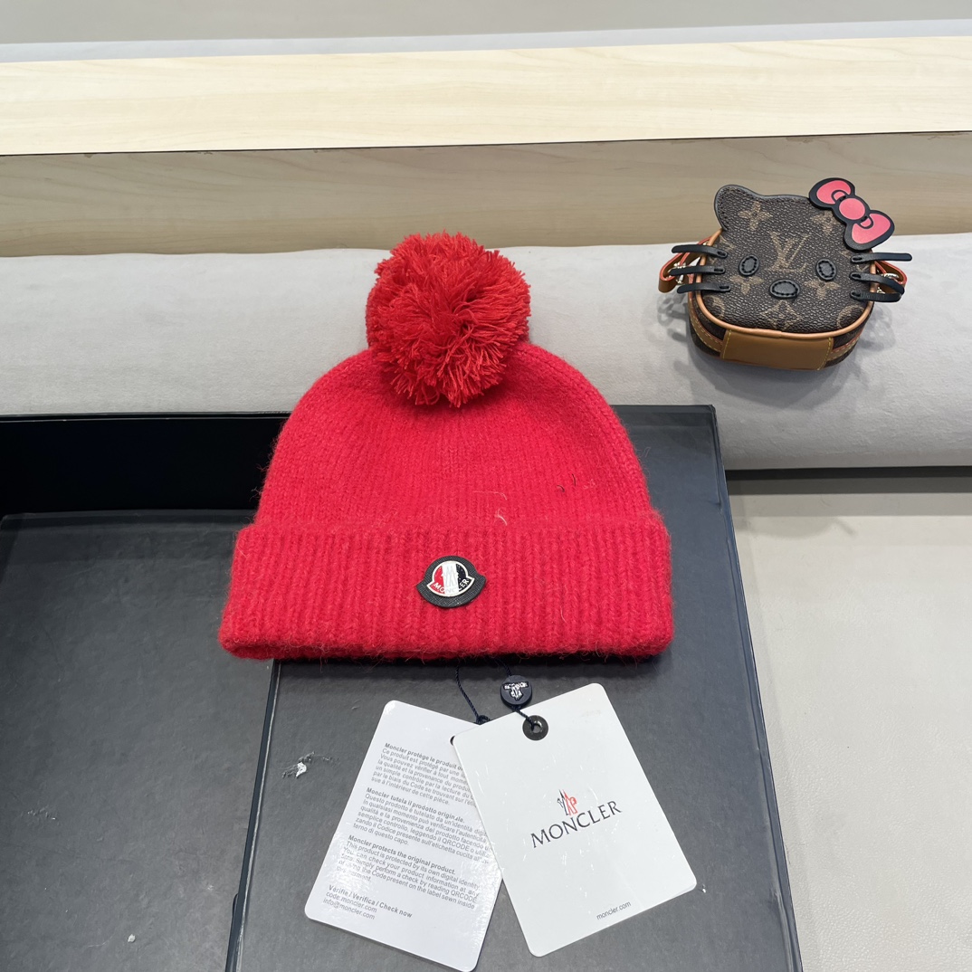 MONCLER蒙口氛围感毛球针织包头帽子女秋冬季大头围保暖毛线帽显脸小百搭