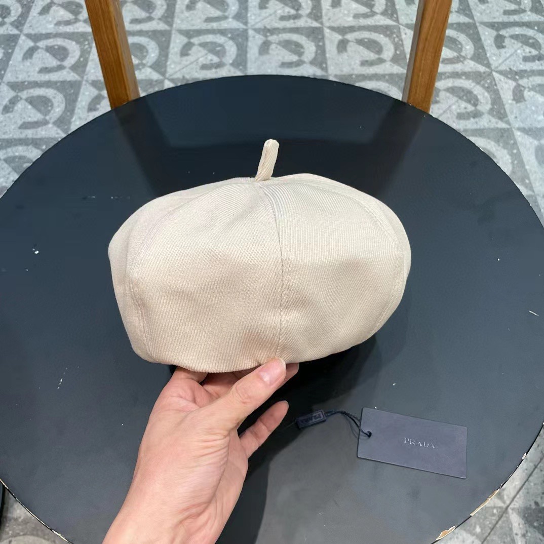 PRADA普拉达 贝雷帽女春秋款显脸小画家帽棕色韩系八角帽子大头围新款