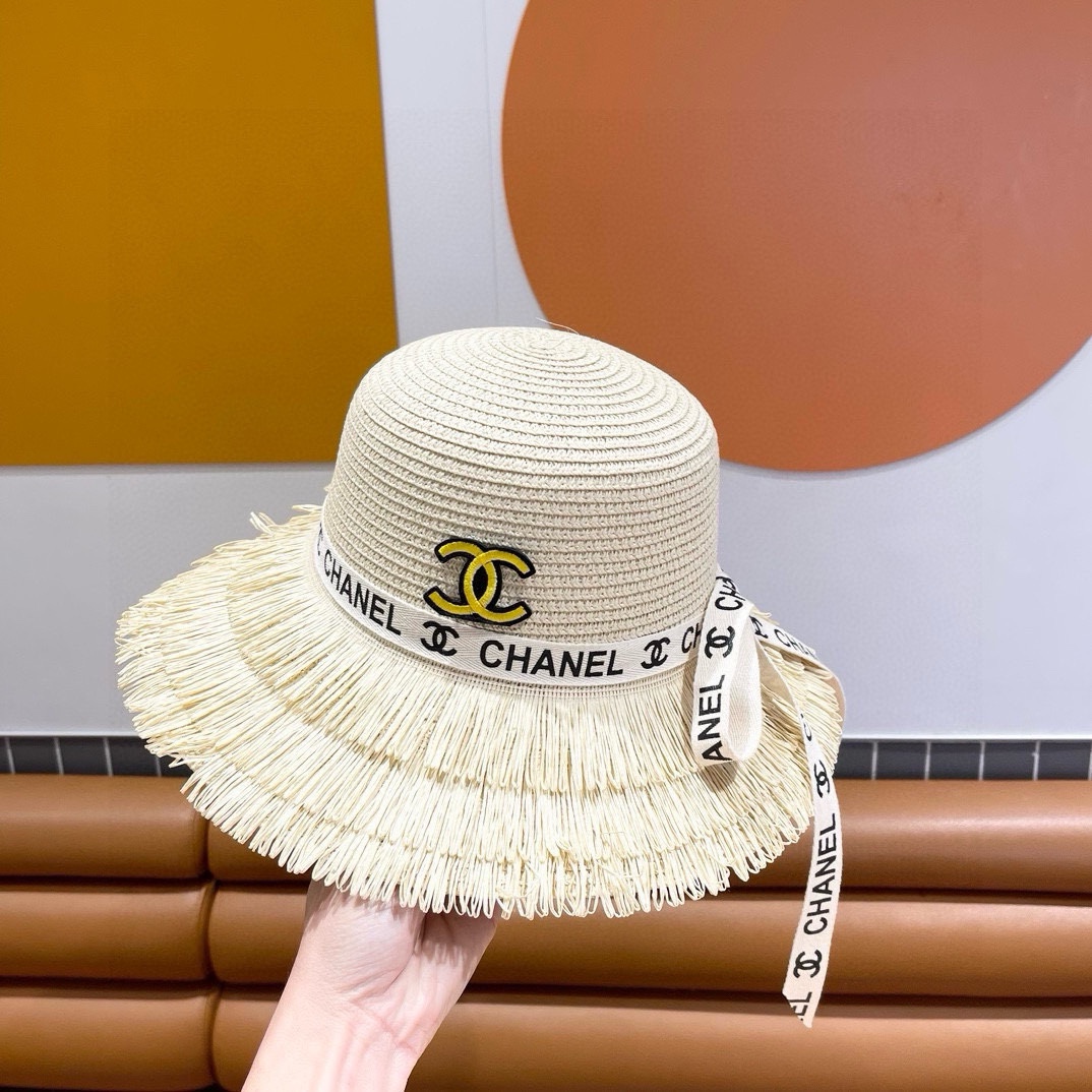 香奈儿Chanel新款三层毛边春夏季女防晒草帽出游户外遮阳帽时尚渔夫帽