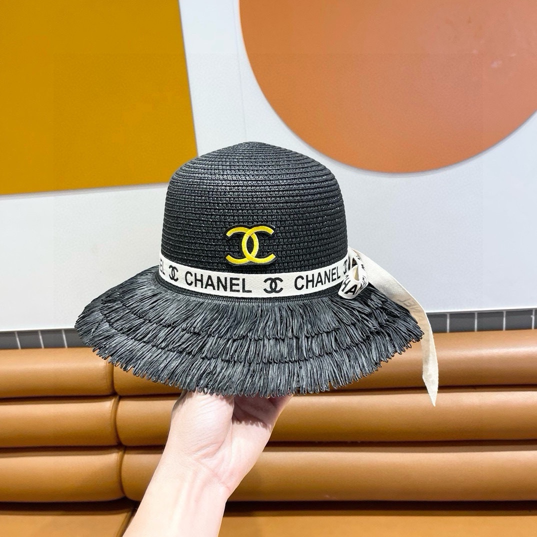 香奈儿Chanel新款三层毛边春夏季女防晒草帽出游户外遮阳帽时尚渔夫帽