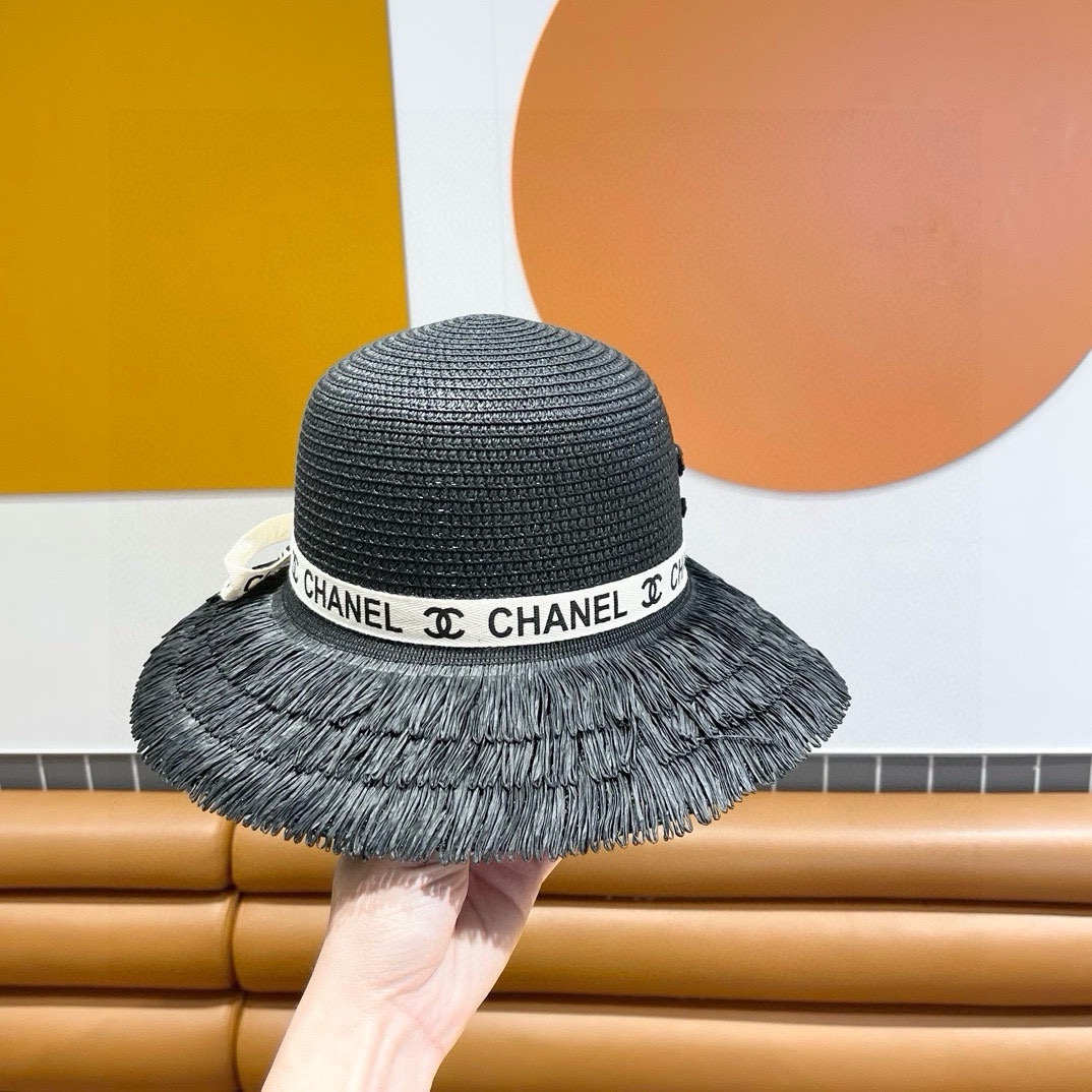 香奈儿Chanel新款三层毛边春夏季女防晒草帽出游户外遮阳帽时尚渔夫帽