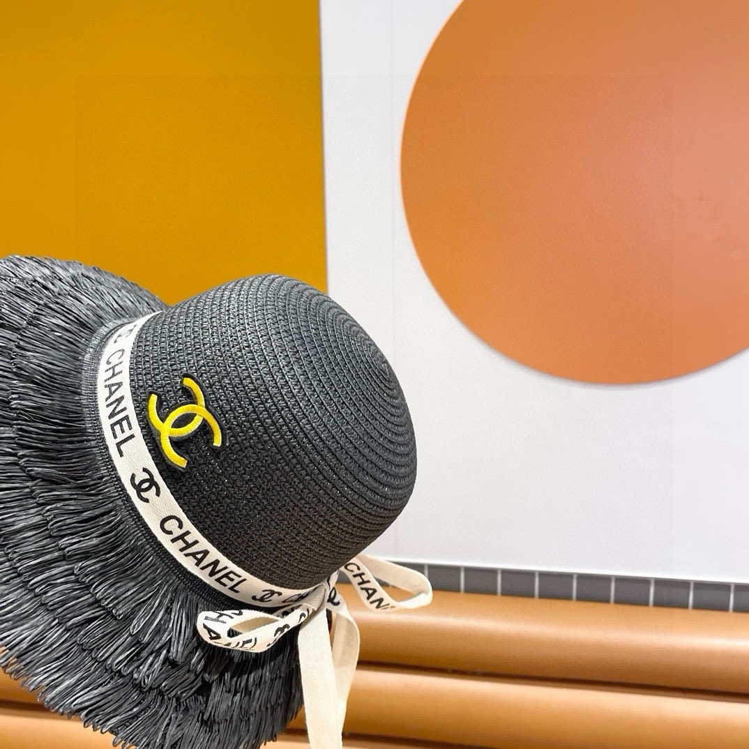 香奈儿Chanel新款三层毛边春夏季女防晒草帽出游户外遮阳帽时尚渔夫帽