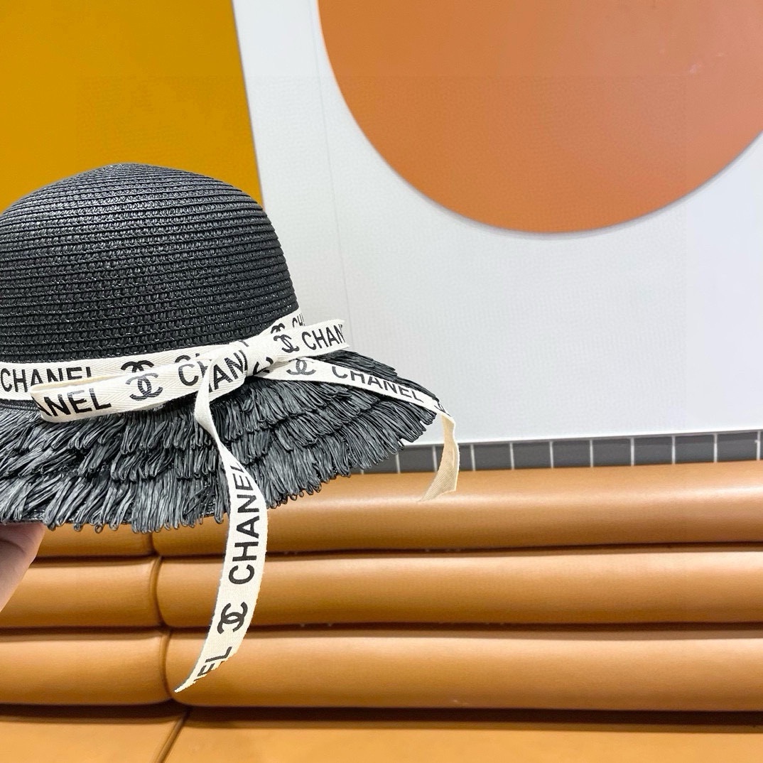 香奈儿Chanel新款三层毛边春夏季女防晒草帽出游户外遮阳帽时尚渔夫帽