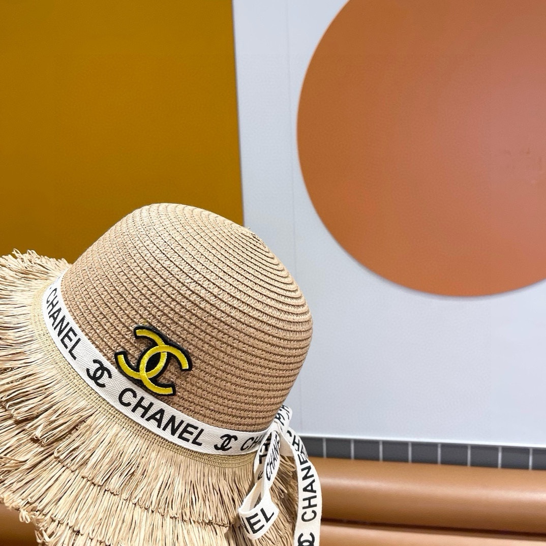 香奈儿Chanel新款三层毛边春夏季女防晒草帽出游户外遮阳帽时尚渔夫帽
