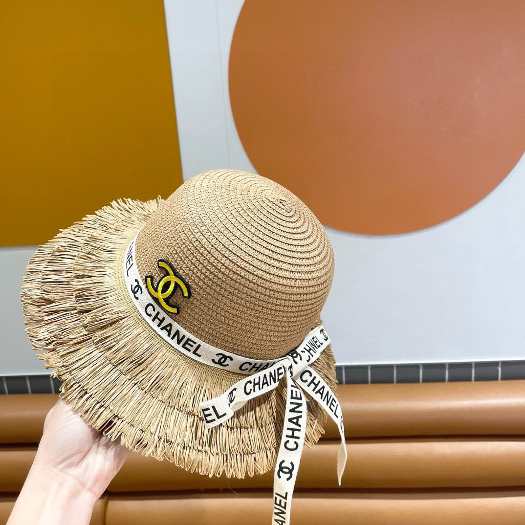 香奈儿Chanel新款三层毛边春夏季女防晒草帽出游户外遮阳帽时尚渔夫帽