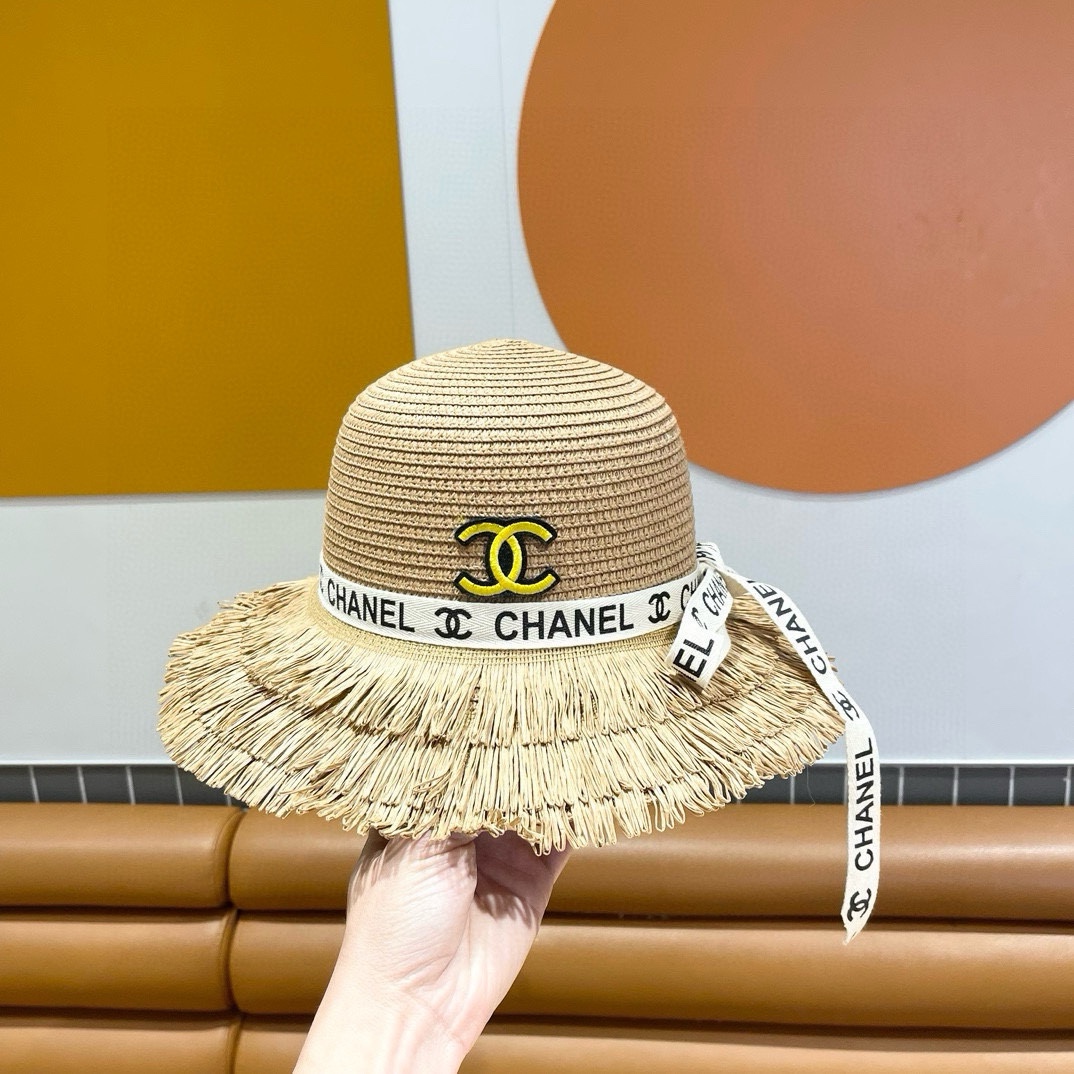 香奈儿Chanel新款三层毛边春夏季女防晒草帽出游户外遮阳帽时尚渔夫帽