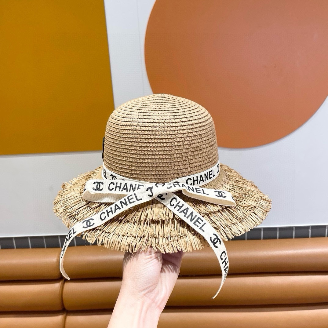 香奈儿Chanel新款三层毛边春夏季女防晒草帽出游户外遮阳帽时尚渔夫帽