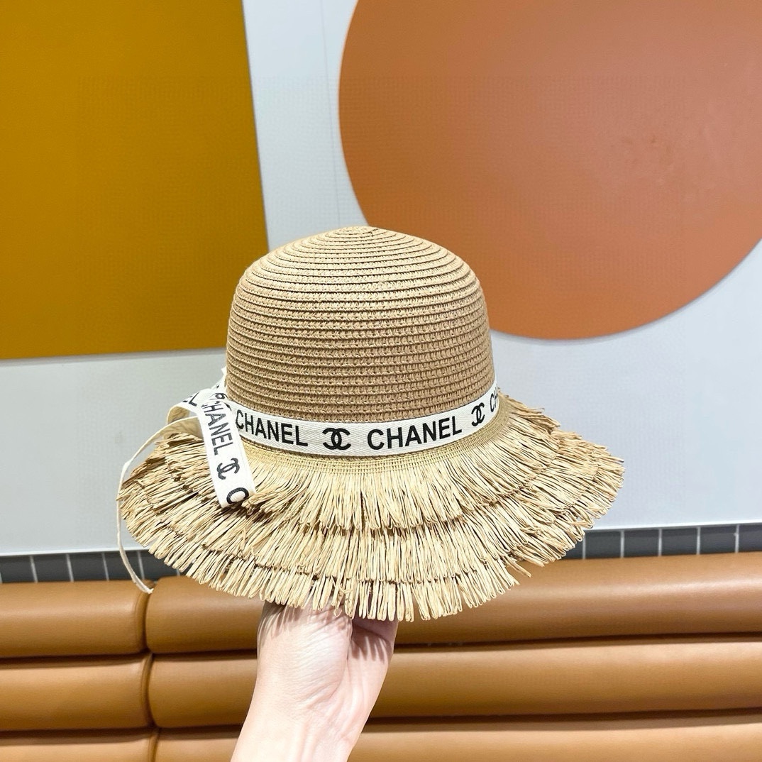 香奈儿Chanel新款三层毛边春夏季女防晒草帽出游户外遮阳帽时尚渔夫帽