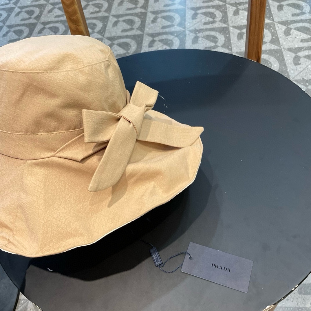   普拉达Prada遮阳帽女防紫外线夏季百搭渔夫帽防晒帽大檐帽显脸小遮脸太阳帽子