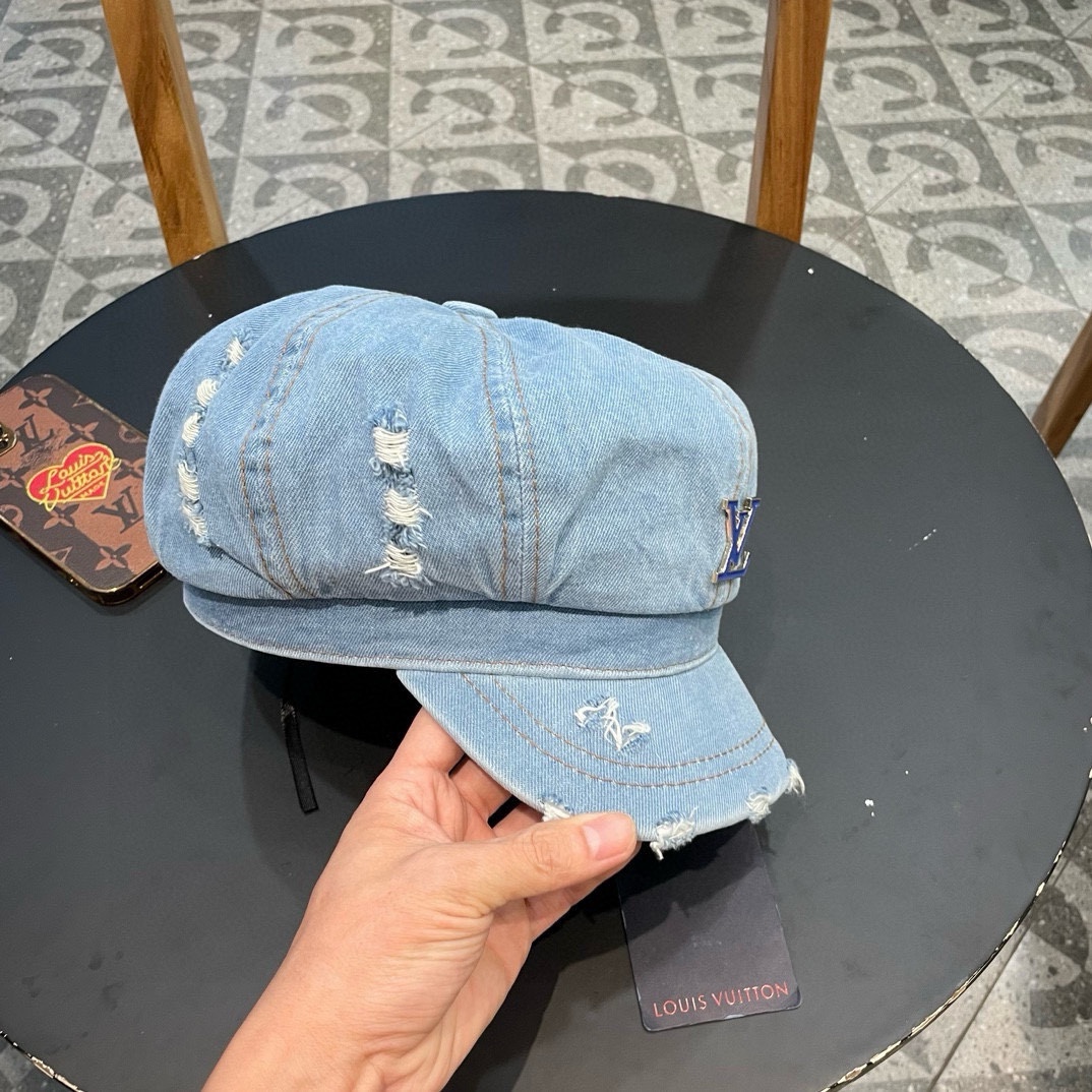 LouiVuittonLV路易威登复古水洗做旧八角牛仔布贝雷帽子女春夏季破洞大头围显脸小贝雷帽
