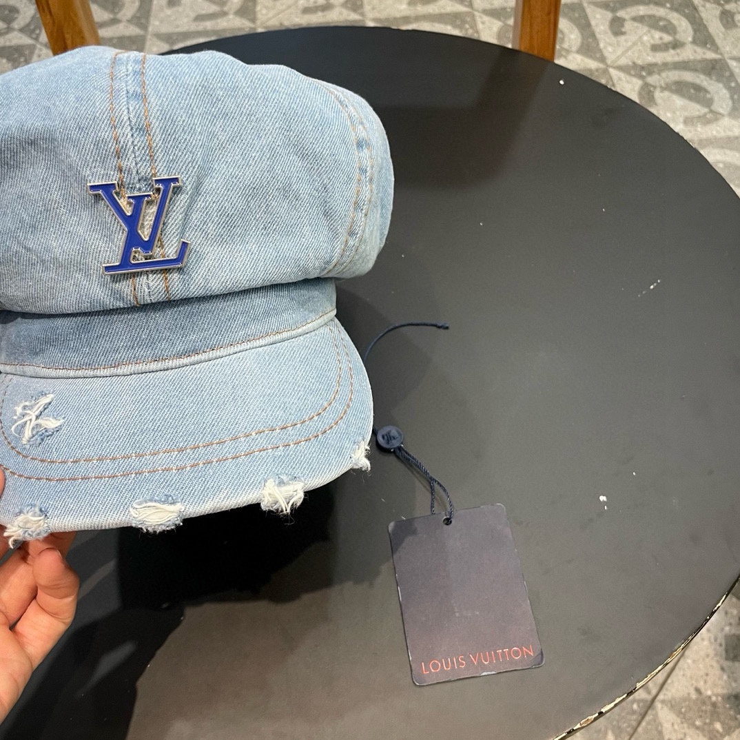 LouiVuittonLV路易威登复古水洗做旧八角牛仔布贝雷帽子女春夏季破洞大头围显脸小贝雷帽