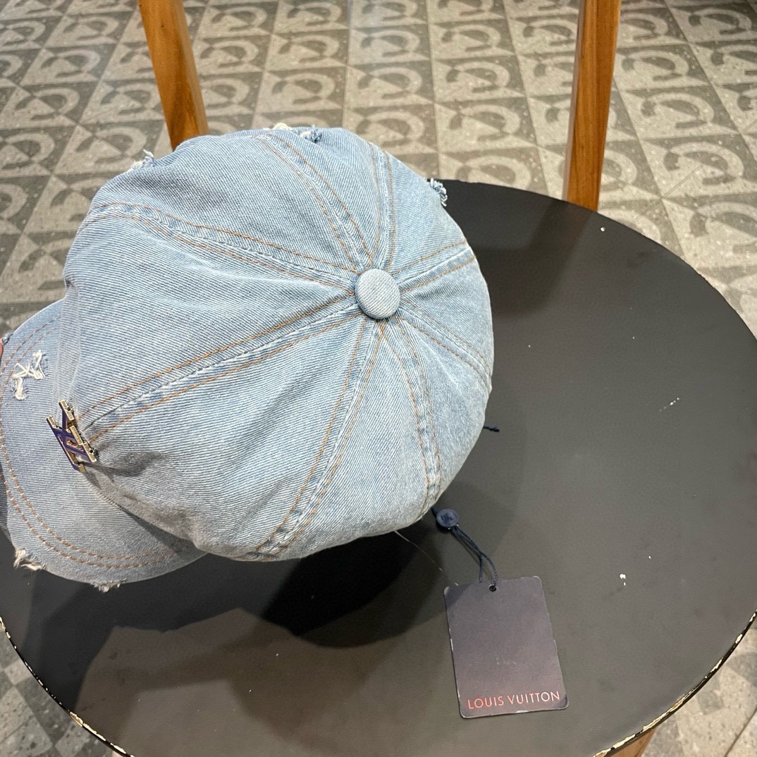 LouiVuittonLV路易威登复古水洗做旧八角牛仔布贝雷帽子女春夏季破洞大头围显脸小贝雷帽