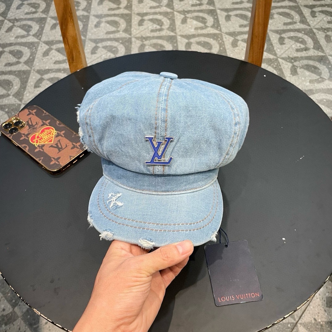LouiVuittonLV路易威登复古水洗做旧八角牛仔布贝雷帽子女春夏季破洞大头围显脸小贝雷帽