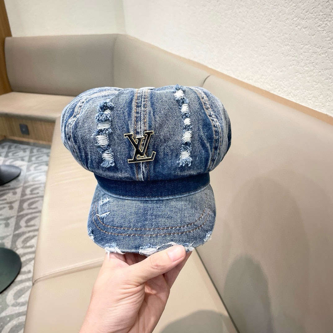 LouiVuittonLV路易威登复古水洗做旧八角牛仔布贝雷帽子女春夏季破洞大头围显脸小贝雷帽