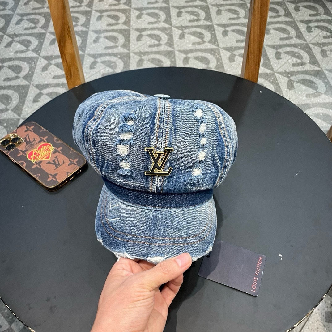 LouiVuittonLV路易威登复古水洗做旧八角牛仔布贝雷帽子女春夏季破洞大头围显脸小贝雷帽