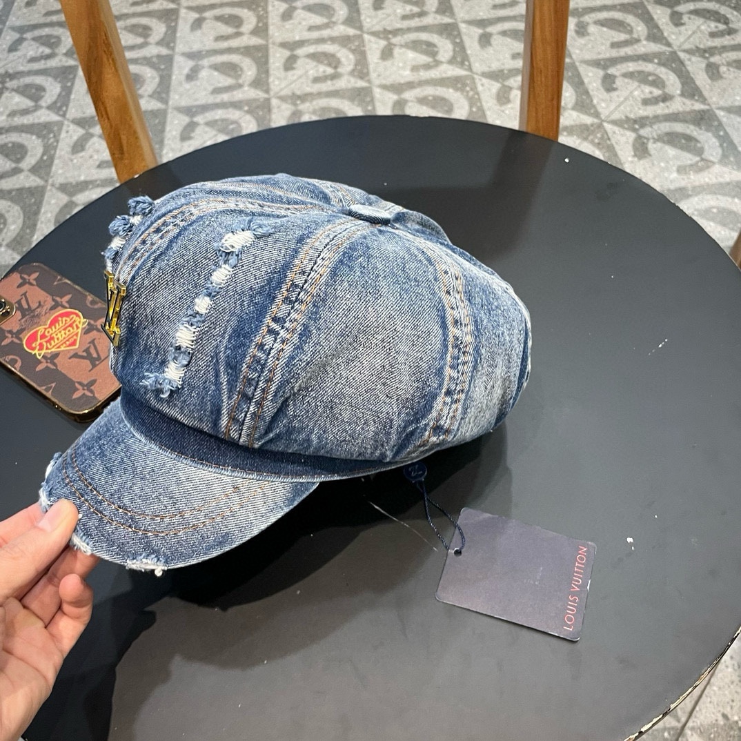 LouiVuittonLV路易威登复古水洗做旧八角牛仔布贝雷帽子女春夏季破洞大头围显脸小贝雷帽